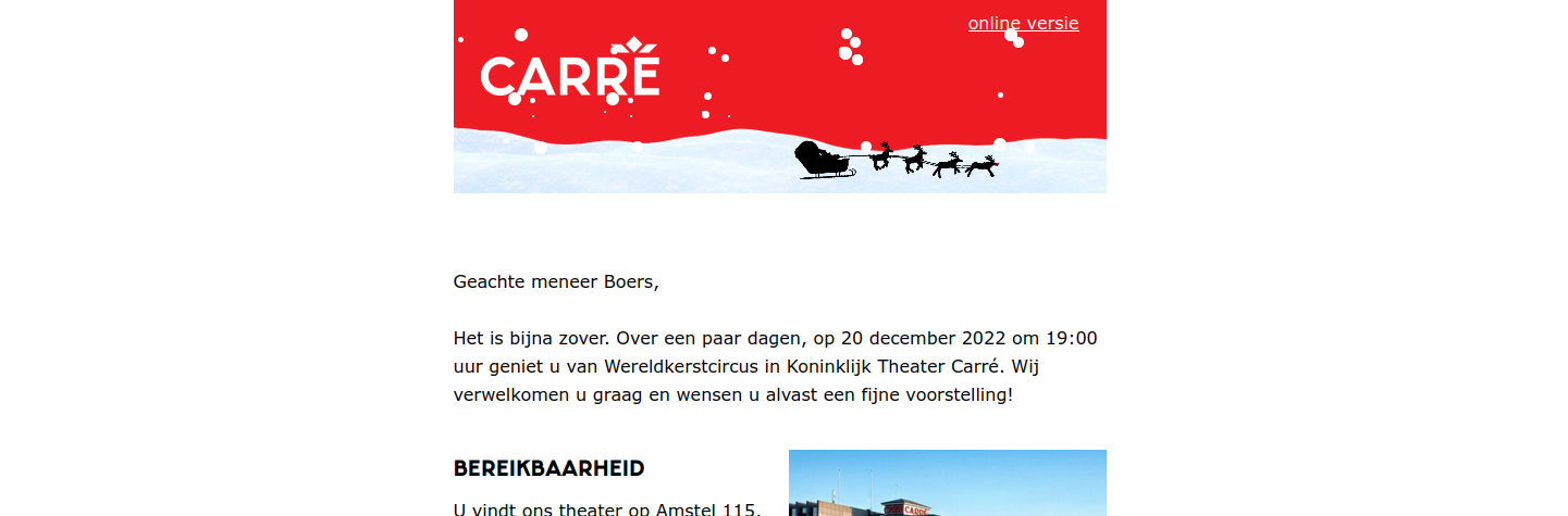 Een marketing email van Carré voor het Wereldkerstcircus